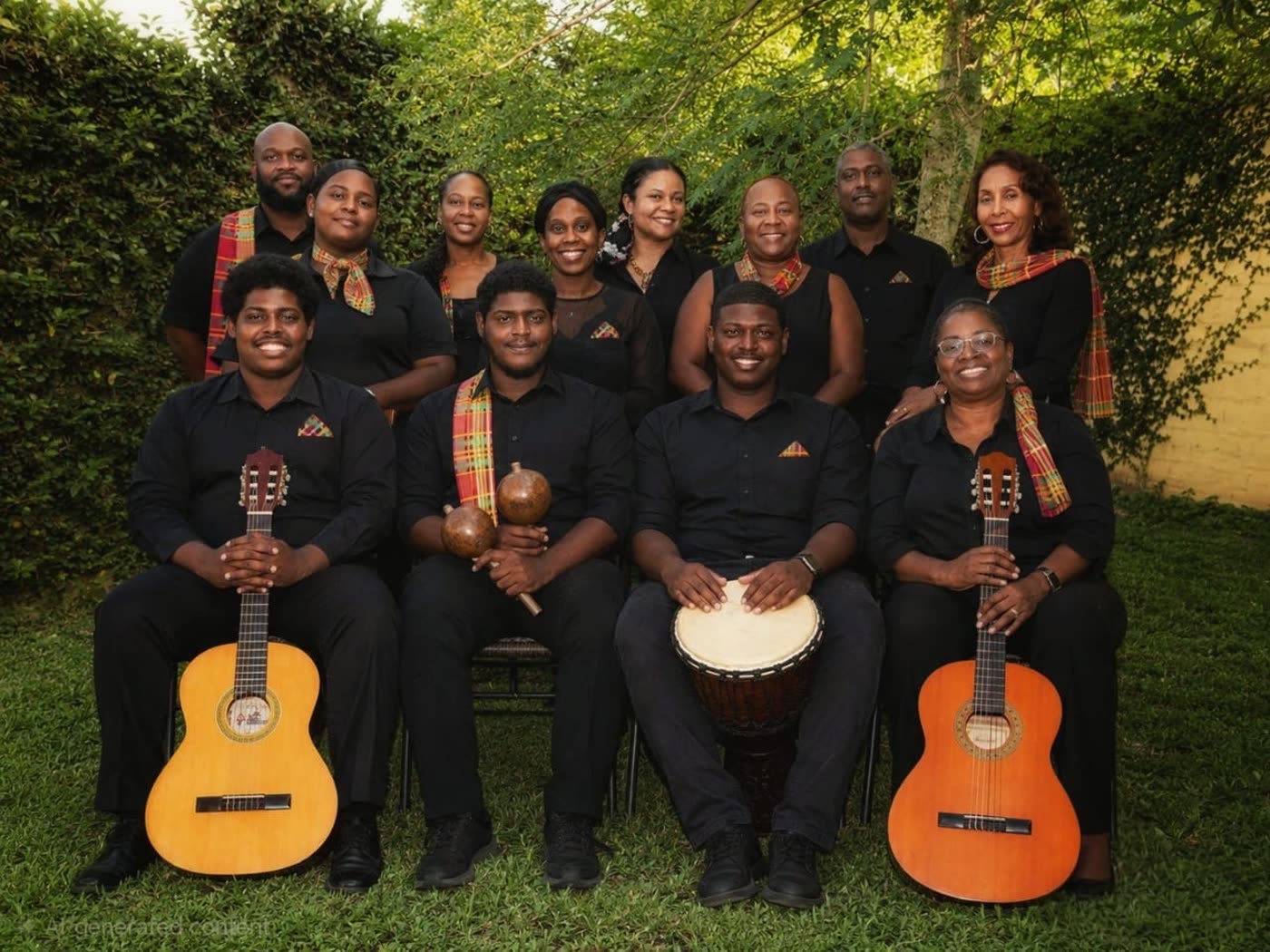 Members of the Tout Bagay Patwa choir, dressed in black with Madras-cloth accents, holding guitars and a djembe drum